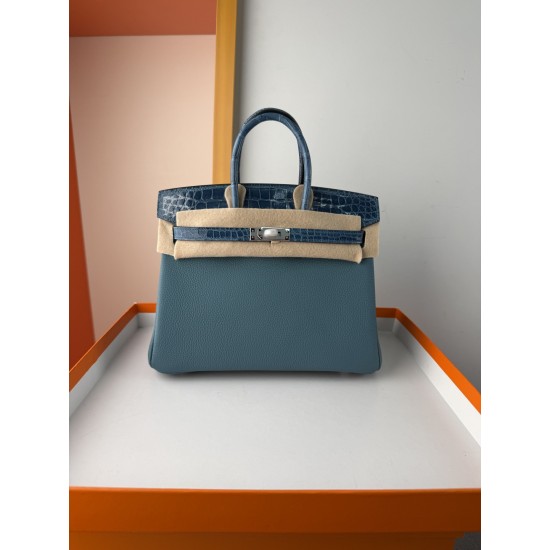 In stock touch BK25 Togo leather with high gloss crocodile platinum 25cm fully hand stitched with waxed thread Full steel hardware Lined with goat skin