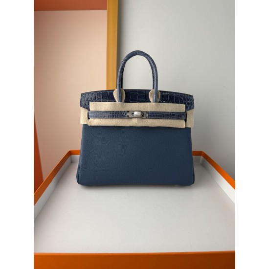 In stock touch BK25 Togo leather with high gloss crocodile platinum 25cm fully hand stitched with waxed thread Full steel hardware Lined with goat skin