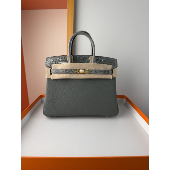 In stock touch BK25 Togo leather with high gloss crocodile platinum 25cm fully hand stitched with waxed thread Full steel hardware Lined with goat skin