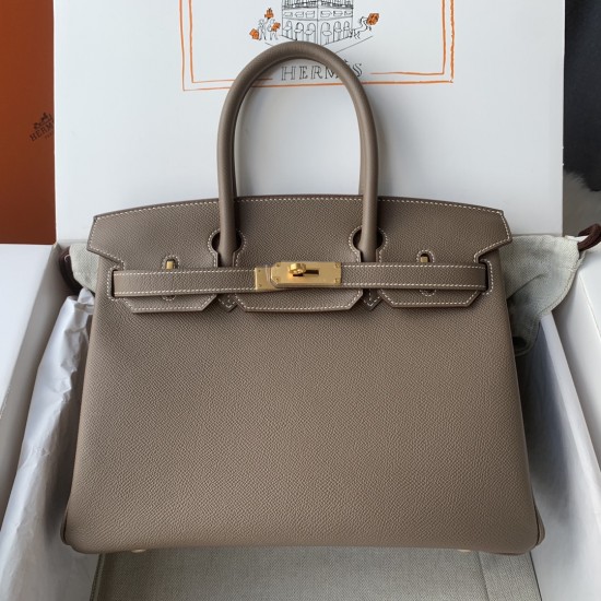 Spot Birkin 30cm Imported Epsom Leather Handmade Waxed Stitching Elephant Gray Gold and Silver Button One color can be customized Oh Batch 1234