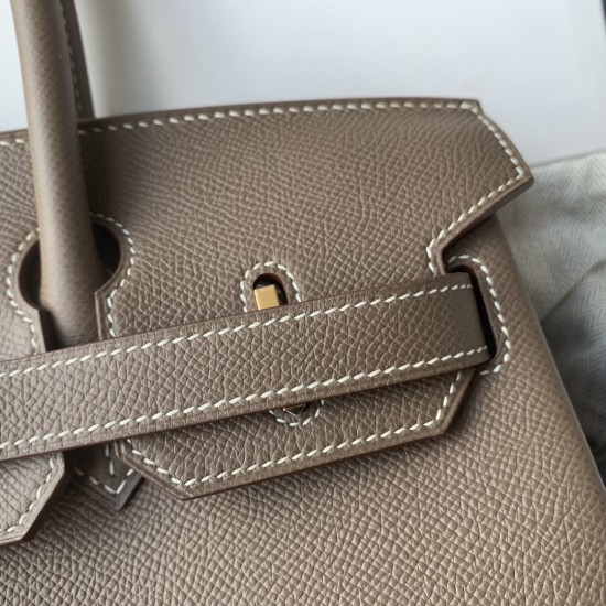Spot Birkin 30cm Imported Epsom Leather Handmade Waxed Stitching Elephant Gray Gold and Silver Button One color can be customized Oh Batch 1234