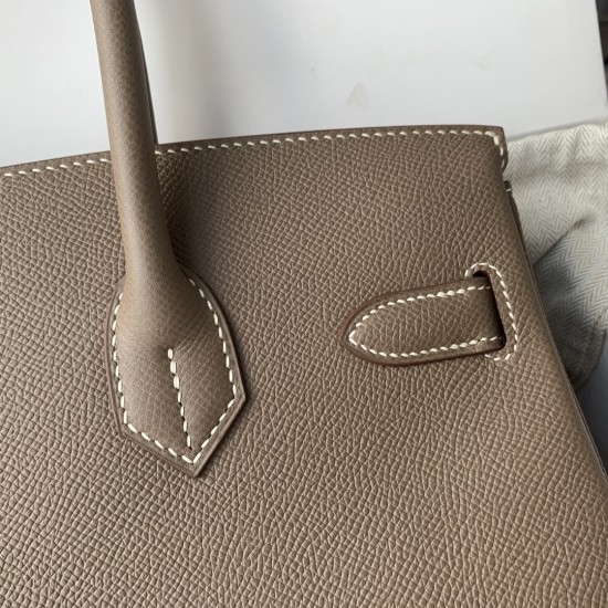 Spot Birkin 30cm Imported Epsom Leather Handmade Waxed Stitching Elephant Gray Gold and Silver Button One color can be customized Oh Batch 1234