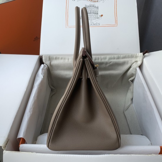 Spot Birkin 30cm Imported Epsom Leather Handmade Waxed Stitching Elephant Gray Gold and Silver Button One color can be customized Oh Batch 1234