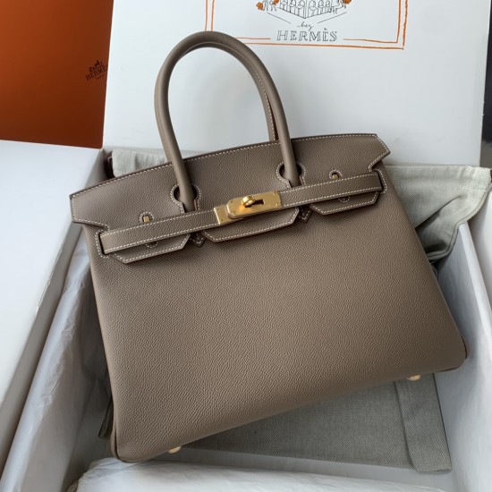 Spot Birkin 30cm Imported Epsom Leather Handmade Waxed Stitching Elephant Gray Gold and Silver Button One color can be customized Oh Batch 1234