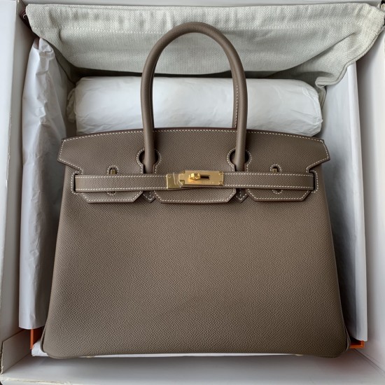 Spot Birkin 30cm Imported Epsom Leather Handmade Waxed Stitching Elephant Gray Gold and Silver Button One color can be customized Oh Batch 1234