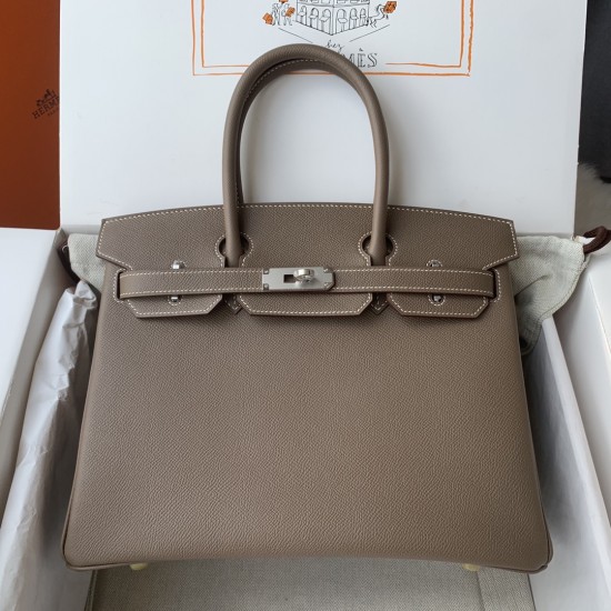 Spot Birkin 30cm Imported Epsom Leather Handmade Waxed Stitching Elephant Gray Gold and Silver Button One color can be customized Oh Batch 1234