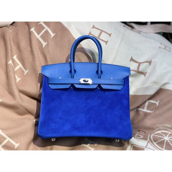 New Birkin Platinum 25cm Imported Suede Swift Leather Electro Blue Silver Buckle Counter synchronization Handmade beeswax thread sewing Pure steel hardware High-end customized batch 1600