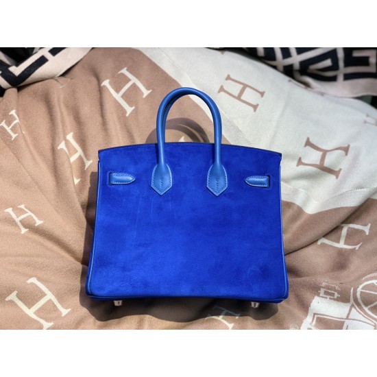 New Birkin Platinum 25cm Imported Suede Swift Leather Electro Blue Silver Buckle Counter synchronization Handmade beeswax thread sewing Pure steel hardware High-end customized batch 1600