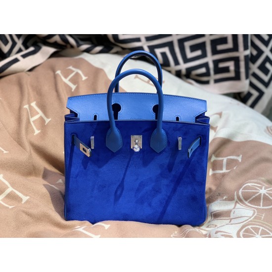 New Birkin Platinum 25cm Imported Suede Swift Leather Electro Blue Silver Buckle Counter synchronization Handmade beeswax thread sewing Pure steel hardware High-end customized batch 1600