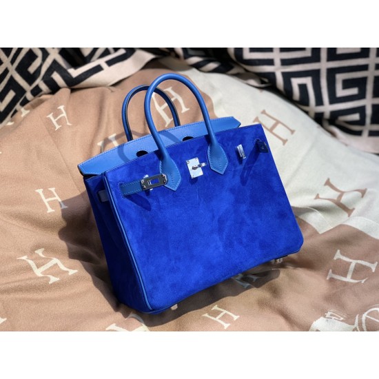 New Birkin Platinum 25cm Imported Suede Swift Leather Electro Blue Silver Buckle Counter synchronization Handmade beeswax thread sewing Pure steel hardware High-end customized batch 1600