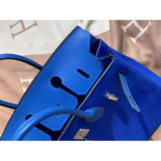 New Birkin Platinum 25cm Imported Suede Swift Leather Electro Blue Silver Buckle Counter synchronization Handmade beeswax thread sewing Pure steel hardware High-end customized batch 1600