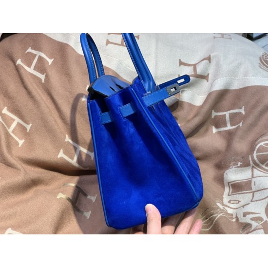 New Birkin Platinum 25cm Imported Suede Swift Leather Electro Blue Silver Buckle Counter synchronization Handmade beeswax thread sewing Pure steel hardware High-end customized batch 1600