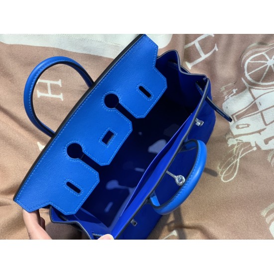 New Birkin Platinum 25cm Imported Suede Swift Leather Electro Blue Silver Buckle Counter synchronization Handmade beeswax thread sewing Pure steel hardware High-end customized batch 1600