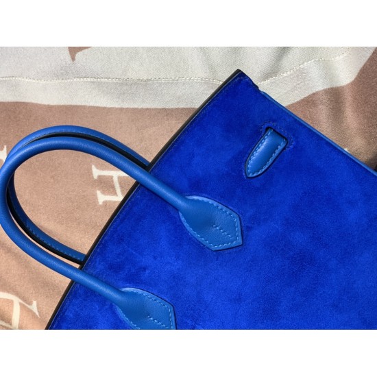 New Birkin Platinum 25cm Imported Suede Swift Leather Electro Blue Silver Buckle Counter synchronization Handmade beeswax thread sewing Pure steel hardware High-end customized batch 1600