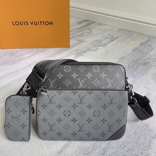 P310's exclusive customized and photographed top quality original reinforced M69443 Trio messenger bag made of Monogram Eclipse canvas and Monogram Eclipse Reverse canvas with a signature grey pattern in the same color palette accentuating the lines of th