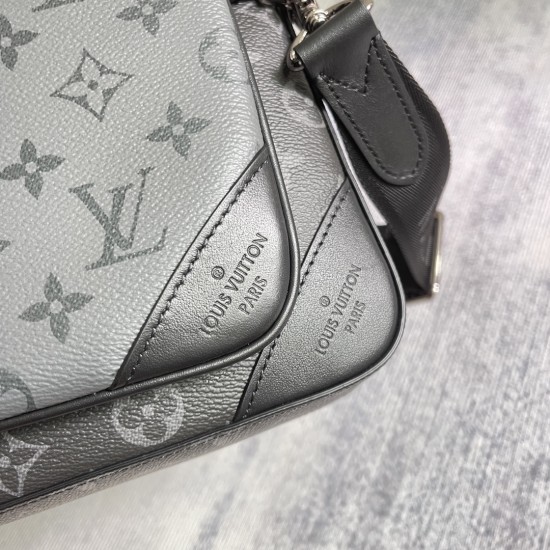 P310's exclusive customized and photographed top quality original reinforced M69443 Trio messenger bag made of Monogram Eclipse canvas and Monogram Eclipse Reverse canvas with a signature grey pattern in the same color palette accentuating the lines of th