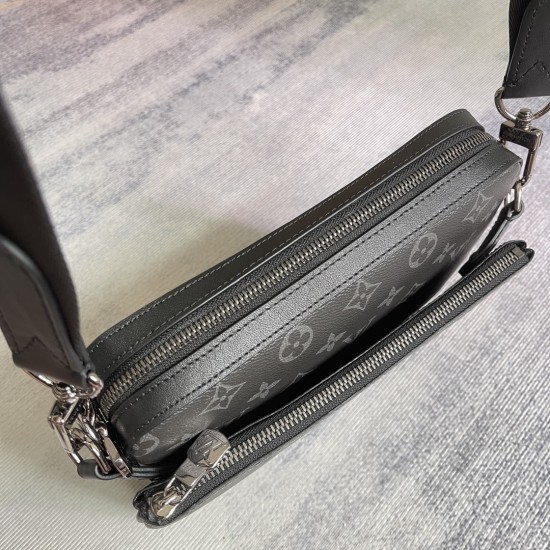 P310's exclusive customized and photographed top quality original reinforced M69443 Trio messenger bag made of Monogram Eclipse canvas and Monogram Eclipse Reverse canvas with a signature grey pattern in the same color palette accentuating the lines of th