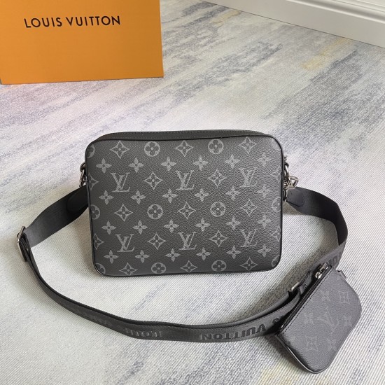 P310's exclusive customized and photographed top quality original reinforced M69443 Trio messenger bag made of Monogram Eclipse canvas and Monogram Eclipse Reverse canvas with a signature grey pattern in the same color palette accentuating the lines of th