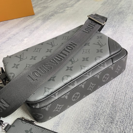 P310's exclusive customized and photographed top quality original reinforced M69443 Trio messenger bag made of Monogram Eclipse canvas and Monogram Eclipse Reverse canvas with a signature grey pattern in the same color palette accentuating the lines of th