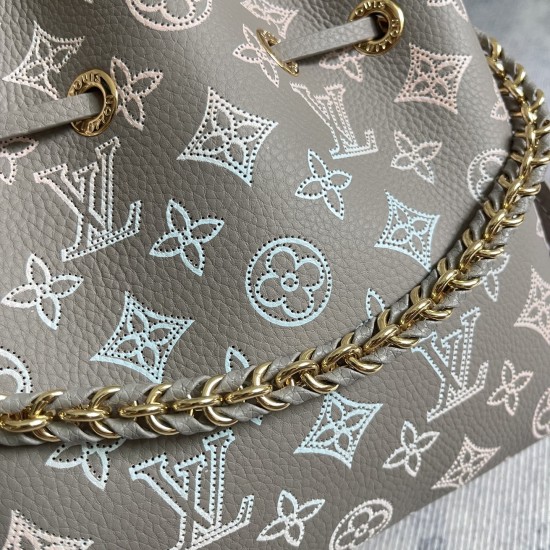 p530exclusive customized real top quality original reinforced chip version model Bella Bucket Bag draped in openworked cowhide perforated Monogram pattern subtle color gradient and light chain convey subtle aesthetics clever use of leather chain handles o