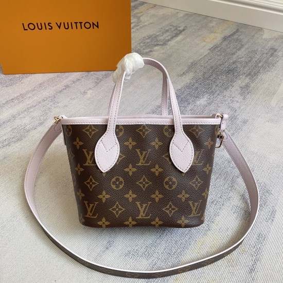 P450 EXCLUSIVE CUSTOMIZED ACTUAL TOP ORIGINAL REINFORCED VARIANT CHIP M25656 PURPLE NEVERFULL BANDOULIRE INSIDE OUT BB HANDBAG This season's take on a classic design is a reversible version of the iconic Monogram canvas and grained leather, split between 