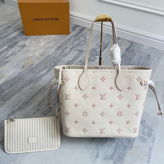 560 Exclusive Customized Realistic Dynamic 163c Chip Top Original Enhanced Neverfull MM Medium Handbag M14285 Cream Apricot Jacquard This Neverfull MM handbag retranslates the classic Monogram Empreinte Leather in the same color aesthetic Neverfull is a s