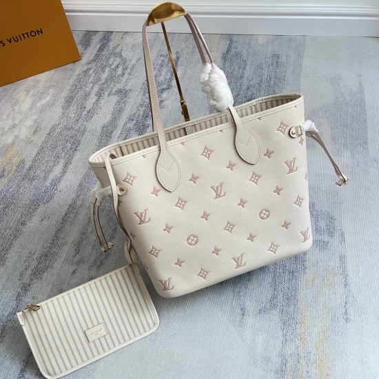 560 Exclusive Customized Realistic Dynamic 163c Chip Top Original Enhanced Neverfull MM Medium Handbag M14285 Cream Apricot Jacquard This Neverfull MM handbag retranslates the classic Monogram Empreinte Leather in the same color aesthetic Neverfull is a s
