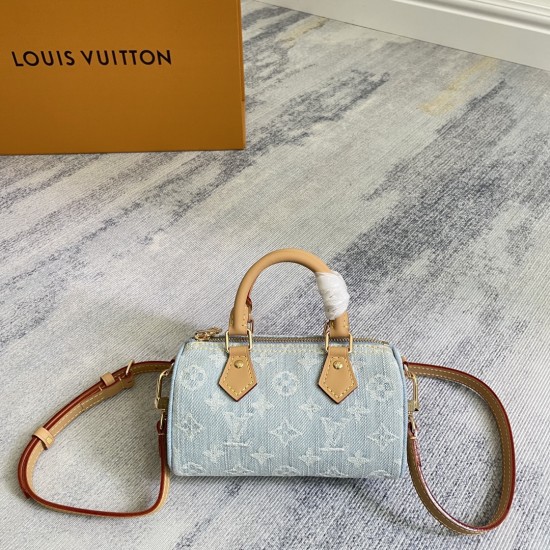 P310 Exclusive Customized Real Top Original 163CM11212 Light Blue Denim Denim Chip Version Pillow Bag Speedy Series NANO SPEEDY Gx Handbag This Nano Speedy handbag is made of cotton denim woven with a Monogram pattern that has been bleached and sandwashed