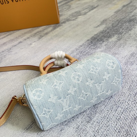 P310 Exclusive Customized Real Top Original 163CM11212 Light Blue Denim Denim Chip Version Pillow Bag Speedy Series NANO SPEEDY Gx Handbag This Nano Speedy handbag is made of cotton denim woven with a Monogram pattern that has been bleached and sandwashed