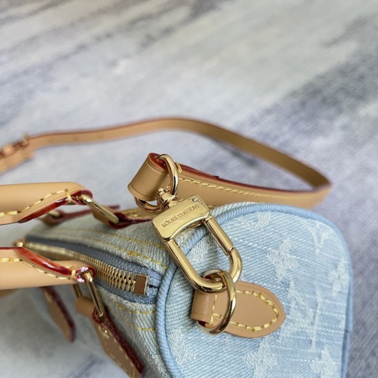 P310 Exclusive Customized Real Top Original 163CM11212 Light Blue Denim Denim Chip Version Pillow Bag Speedy Series NANO SPEEDY Gx Handbag This Nano Speedy handbag is made of cotton denim woven with a Monogram pattern that has been bleached and sandwashed
