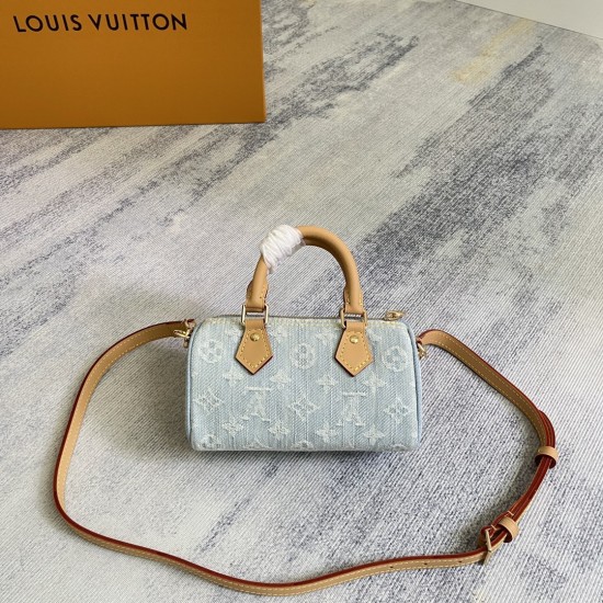 P310 Exclusive Customized Real Top Original 163CM11212 Light Blue Denim Denim Chip Version Pillow Bag Speedy Series NANO SPEEDY Gx Handbag This Nano Speedy handbag is made of cotton denim woven with a Monogram pattern that has been bleached and sandwashed