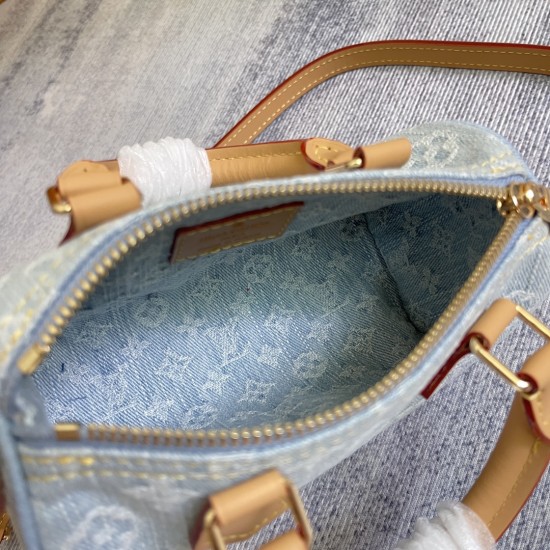 P310 Exclusive Customized Real Top Original 163CM11212 Light Blue Denim Denim Chip Version Pillow Bag Speedy Series NANO SPEEDY Gx Handbag This Nano Speedy handbag is made of cotton denim woven with a Monogram pattern that has been bleached and sandwashed