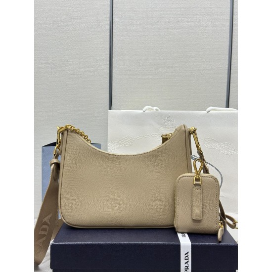 F580 with a full set of the right version of the counter packaging exclusive custom upgraded version of the three-in-one new 1BH204 cross grain nude apricot gold hardware nylon Hobo hand-carrying armpit bag Netroots Sisters crazy grass popular in the fash