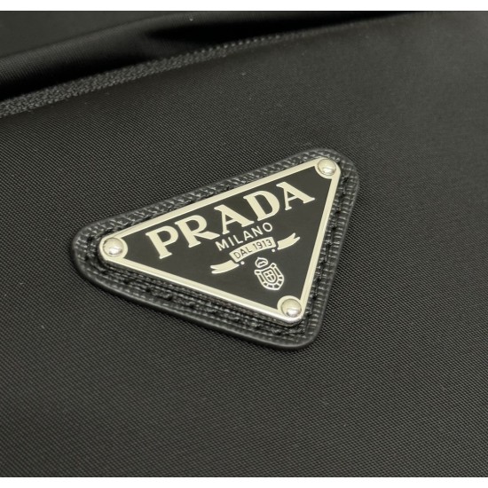 F500 classic pop-up duffel bag 2VZ104 triangular standard goods nylon material adjustable straps back fabric Saffiano leather carry handle zipper closure two zipper outer pockets nylon lining one zipper inner pocket and one pocket sewn to the interior wal