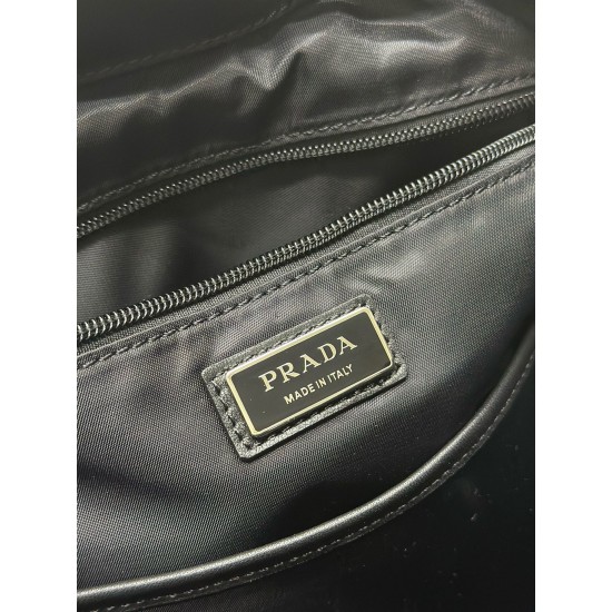 F500 classic pop-up duffel bag 2VZ104 triangular standard goods nylon material adjustable straps back fabric Saffiano leather carry handle zipper closure two zipper outer pockets nylon lining one zipper inner pocket and one pocket sewn to the interior wal