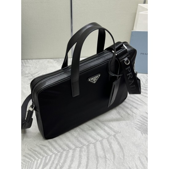 F540 new briefcase 2VE368 nylon fabric using imported nylon fabric and Saffiano leather handle removable adjustable nylon shoulder strap design looks more fashionable metal accessories and titanium zipper functionality internal compartment two pockets one