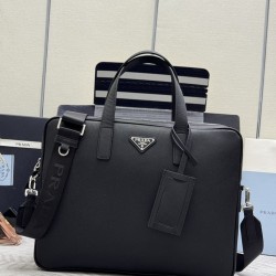 F720 Classic Briefcase 2VE368 cross grain using imported Saffiano cross grain cowhide leather removable adjustable nylon shoulder strap design looks more fashionable metal accessories and titanium zipper functionality internal compartment two pockets one 