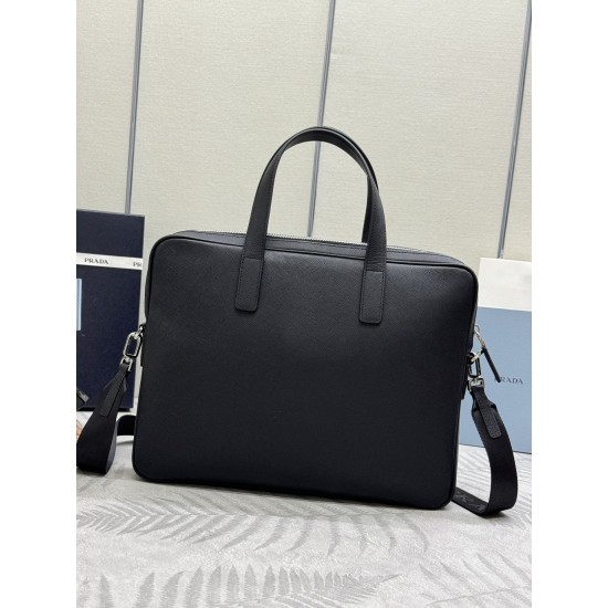 F720 Classic Briefcase 2VE368 cross grain using imported Saffiano cross grain cowhide leather removable adjustable nylon shoulder strap design looks more fashionable metal accessories and titanium zipper functionality internal compartment two pockets one 