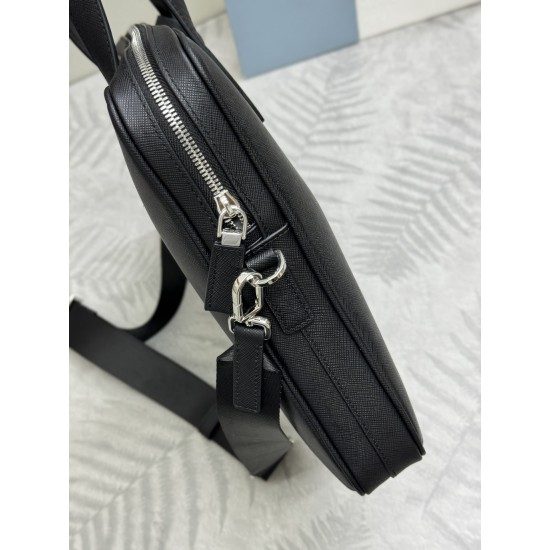F720 Classic Briefcase 2VE368 cross grain using imported Saffiano cross grain cowhide leather removable adjustable nylon shoulder strap design looks more fashionable metal accessories and titanium zipper functionality internal compartment two pockets one 