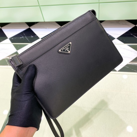 P260 new debut new Saffiano cowhide men's handbag 2VF032 imported cross grain cowhide with full steel hardware lining printed nylon lining classic triangle logo with wrist strap carry convenient built-in compartment is very practical senior stable and ver