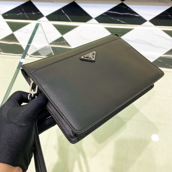 P260 new debut new Saffiano cowhide men's handbag 2VF032 imported cross grain cowhide with full steel hardware lining printed nylon lining classic triangle logo with wrist strap carry convenient built-in compartment is very practical senior stable and ver