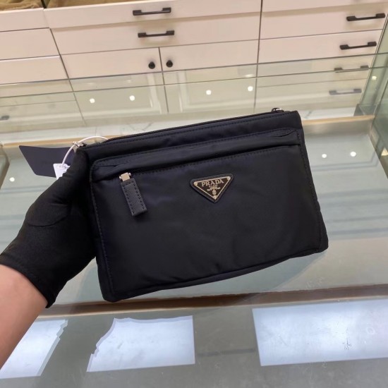 p160 exclusive first 2NH007 new cloth handbag made of imported nylon Saffiano leather material removable Saffiano leather wristlet zipper outside pocket triangle enamel logo top zipper closure inside logo nameplate two inside pockets one with zipper compa