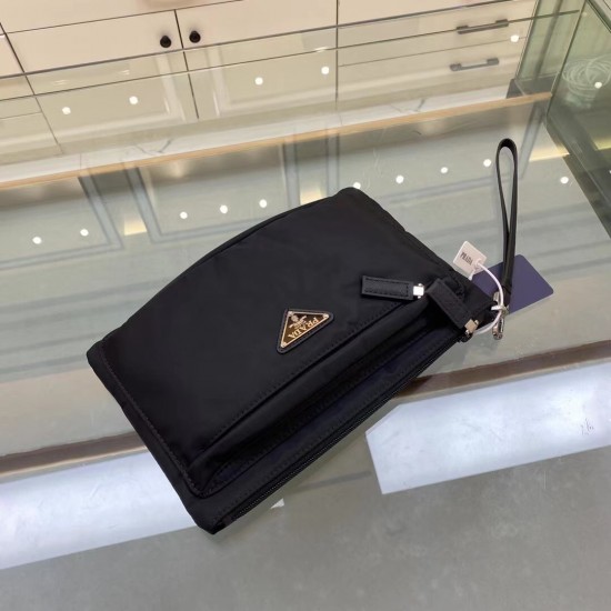 p160 exclusive first 2NH007 new cloth handbag made of imported nylon Saffiano leather material removable Saffiano leather wristlet zipper outside pocket triangle enamel logo top zipper closure inside logo nameplate two inside pockets one with zipper compa