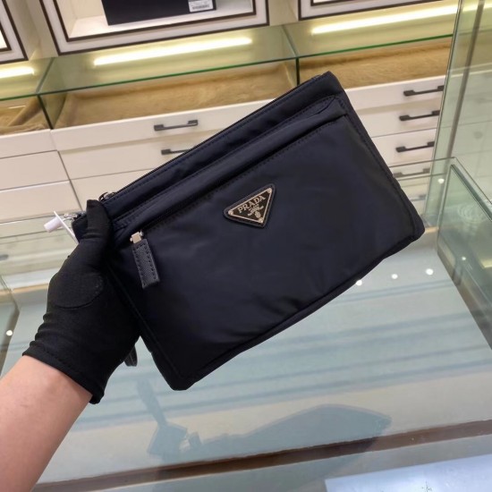 p160 exclusive first 2NH007 new cloth handbag made of imported nylon Saffiano leather material removable Saffiano leather wristlet zipper outside pocket triangle enamel logo top zipper closure inside logo nameplate two inside pockets one with zipper compa