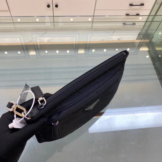 p160 exclusive first 2NH007 new cloth handbag made of imported nylon Saffiano leather material removable Saffiano leather wristlet zipper outside pocket triangle enamel logo top zipper closure inside logo nameplate two inside pockets one with zipper compa