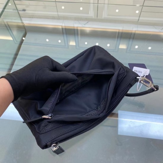 p160 exclusive first 2NH007 new cloth handbag made of imported nylon Saffiano leather material removable Saffiano leather wristlet zipper outside pocket triangle enamel logo top zipper closure inside logo nameplate two inside pockets one with zipper compa